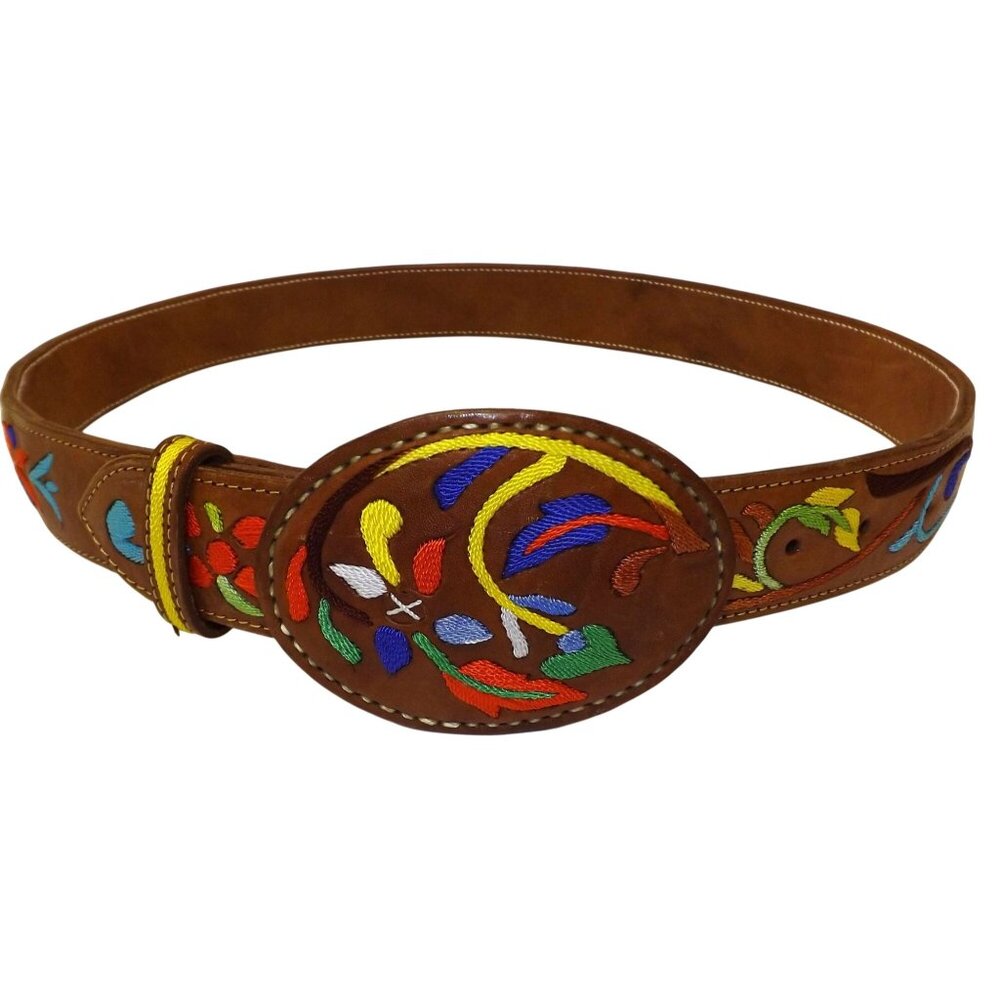 Mexican Brown Leather Belt With Colorful Floral Embroidery & Oval Buckle 36"